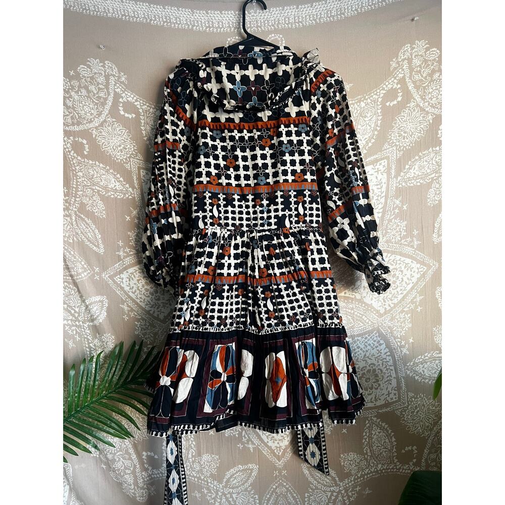 Cleobella Lotte Deco Print Long-Sleeve Tiered Mini Dress Size M - Picture 2 of 7